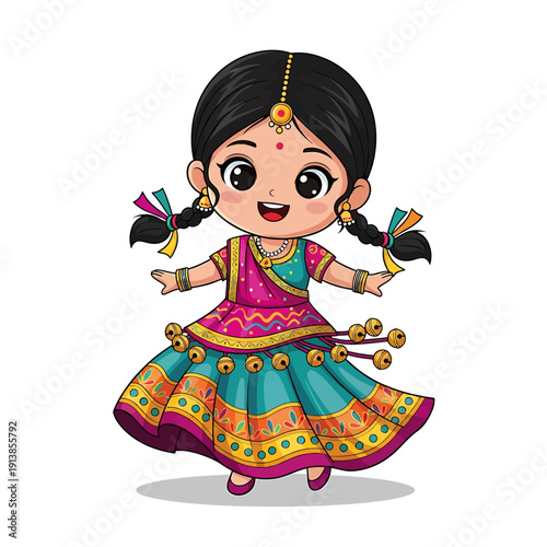 A cartoon girl wearing traditional Indian clothing and dancing energetically outdoors.