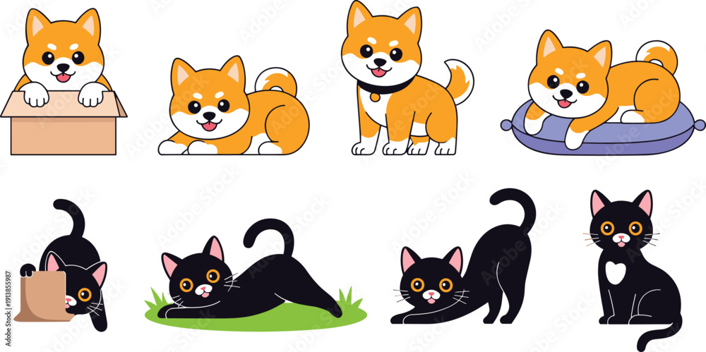 Obraz premium Cartoon Cats and Dogs in Playful Poses, Including Corgis, Kittens, and Fun Animal Illustrations for Children's Media and Pet Designs