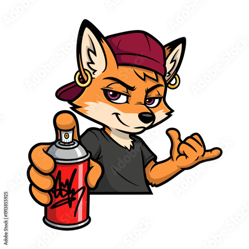Cartoon fox wearing a cap and holding a spray can in a graffiti art scene from a frontal viewpoint