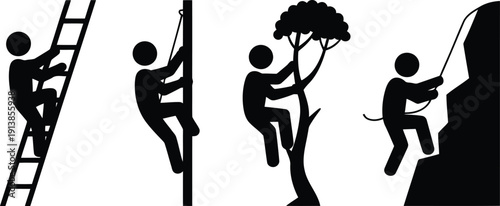 Various black stick figure icons showing individuals tackling different climbs including ladders, poles, and mountains