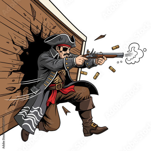 Pirate firing a gun through a wooden wall, viewed from the side, in a dynamic action scene