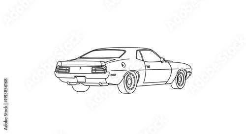 Vintage Muscle Car Side View Line Drawing.