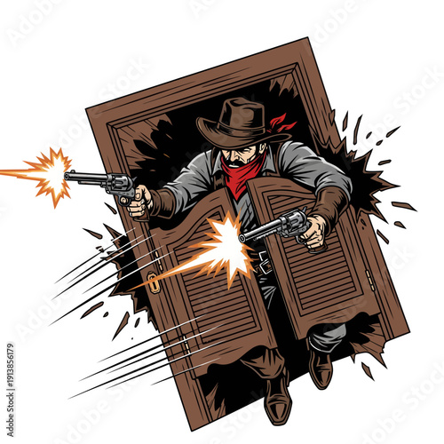 Cowboy bursting through a wooden door, guns blazing, in a dynamic illustration from a dynamic viewpoint