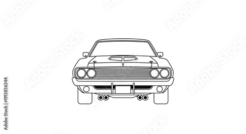 Vintage Muscle Car Front View Line Art Illustration.