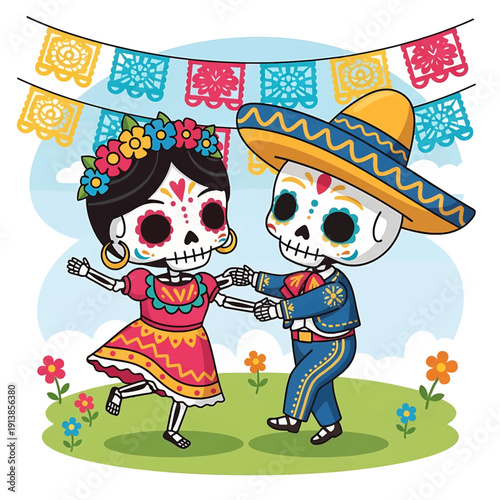 A colorful cartoon illustration of a sugar skull couple dancing under festive paper banners in a floral garden on a sunny day with vibrant flowers.