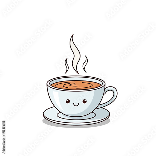 A smiling cartoon coffee cup sits on a saucer with steam rising.
