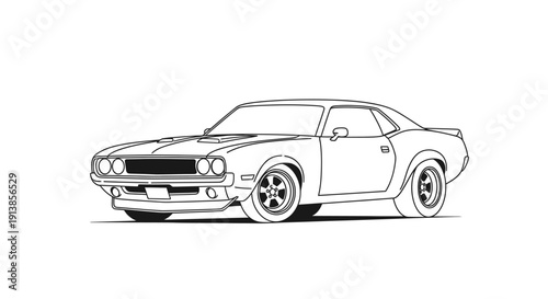 Vintage Muscle Car Line Drawing Illustration.