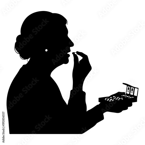 Elderly woman managing medication with pill organizer, healthcare adherence concept silhouette isolated on white