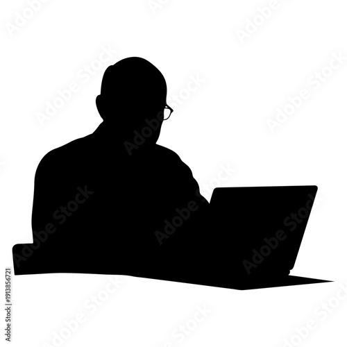 Senior man working on laptop from home desk, remote retirement income concept silhouette isolated on white