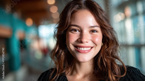 Wallpaper Mural A bright and cheerful portrait of a young woman smiling warmly, showcasing her natural beauty and vibrant personality, perfect for lifestyle and wellness imagery. Torontodigital.ca