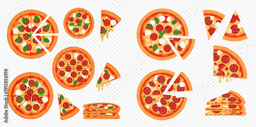 Delicious pizza slices and whole pizzas with various toppings, perfect for menu designs and food-related projects.