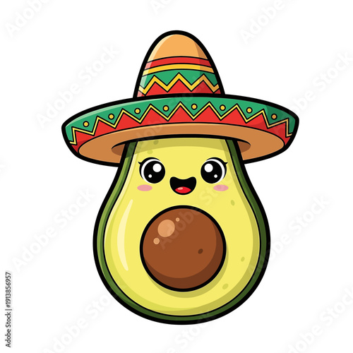 A cartoon avocado wearing a colorful sombrero hat smiles cheerfully on a white background.