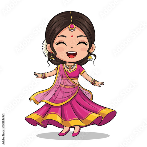 A cartoon Indian girl in traditional pink and gold clothing is dancing with a joyful expression on her face in a studio setting.