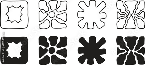 Abstract organic shape icon set with outline and solid blot forms. Irregular splash and flower-like symbols for creative branding, posters, or modern layouts. Minimal bold shape collection isolated.