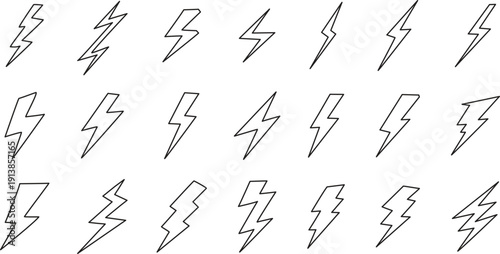 Outline lightning bolt icon set with thin electric line symbols. Minimal thunder shapes for energy, power, warning, or weather related designs. Clean monochrome electricity collection isolated.