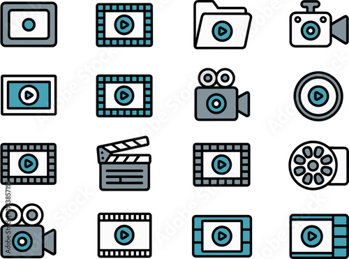 Professional blue and grey multimedia video production icon set featuring clapperboard film reels camera equipment and media player symbols.