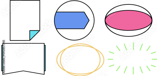 シンプル線画とカラーアクセントを組み合わせた多用途フレーム＆ラベル素材セット｜円形・楕円・バナー・装飾ライン入りインフォグラフィックパーツ集