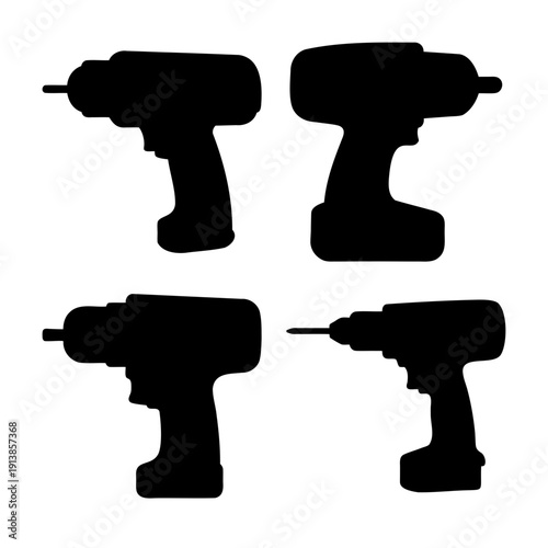 Four black silhouettes of cordless drills for construction and diy projects