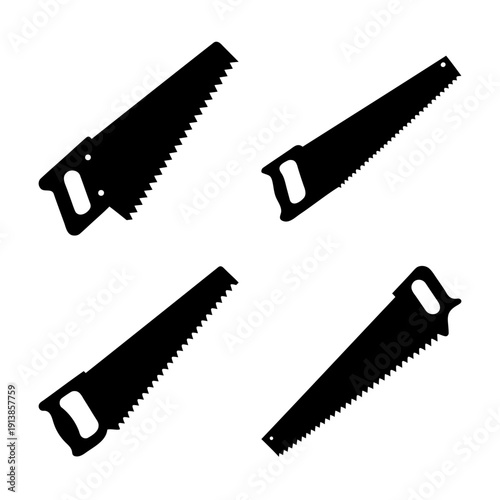 Four black silhouette hand saws, essential tools for woodworking and carpentry projects