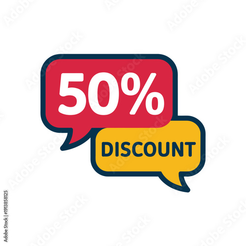 Fifty percent discount notification displayed within colorful speech.