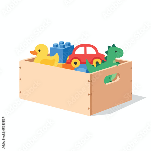 Colorful Children s Toys in Wooden Storage Box