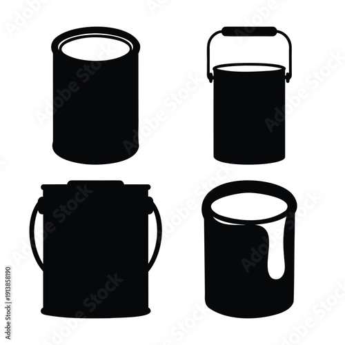 Various paint cans and buckets depicted as black silhouette vector icons for design