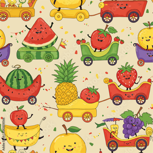 Adorable cartoon fruits riding on colorful toy carts with happy smiling faces on a light background