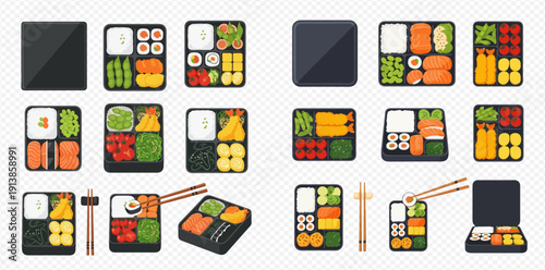 Set of bento box with different Japanese food, sushi, and chopsticks on a white background.