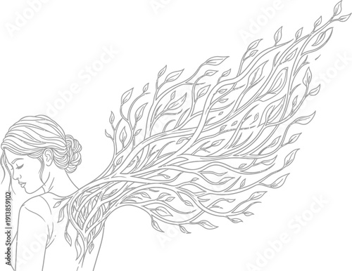 Elegant line art drawing depicts a serene woman with an elaborate wing formed entirely from flowing leafy tree branches and vines illustrating nature rebirth