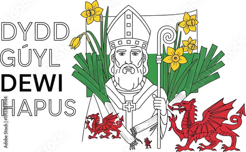 Stylized illustration celebrating Saint David’s Day featuring the patron saint daffodils leeks and the Welsh dragon for national pride