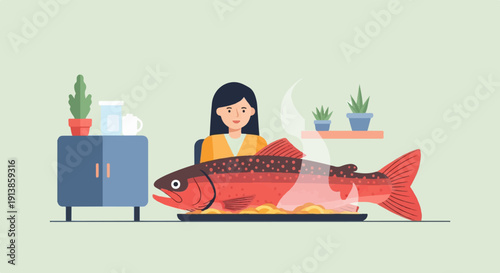 Person at table with a steaming platter of cooked fish and side table