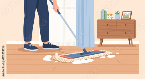 Person cleaning a wooden floor with a mop, creating foamy suds