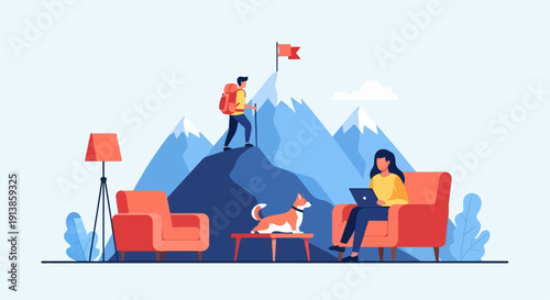 Person climbing mountain, person working on laptop, dog on table, indoors