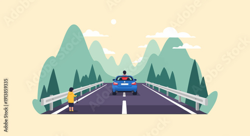 Person driving car on road with mountains and child standing