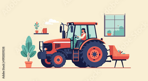 Person driving a tractor with plants and a window in the background