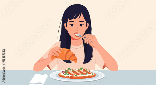 Person enjoying a croissant and a piece of toast with toppings