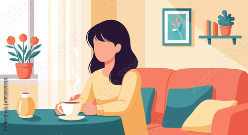 Person enjoying coffee near a window with plants and a sofa