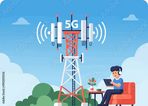 Person enjoys 5G network from comfortable couch near tower