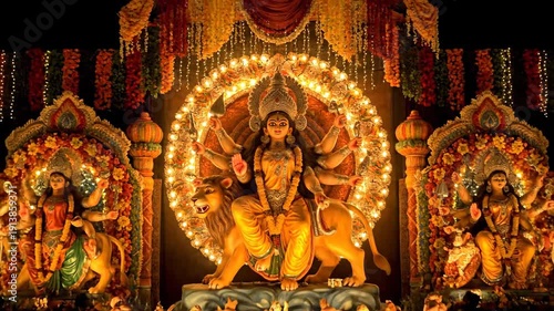 Magnificent Maa Durga Idol Adorned with Lights During Durga Puja Festival