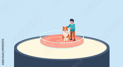 Person gently pets a dog within a petri dish on a light beige platform