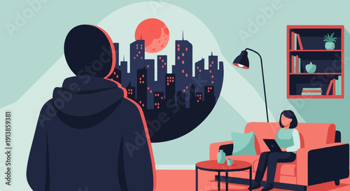 Person gazes at city skyline from indoors, woman works on laptop in room