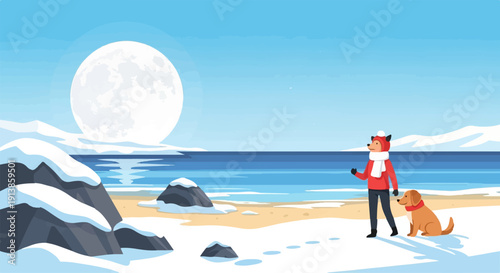Person in fox costume and dog on snowy beach under large moon