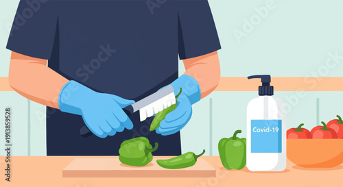 Person in gloves prepares vegetables with sanitiser nearby