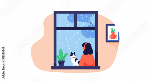 Person with headphones and cat watch rain from window