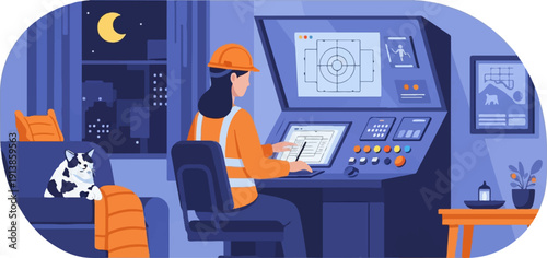 Person in hard hat and vest at control panel, cat on couch, night view