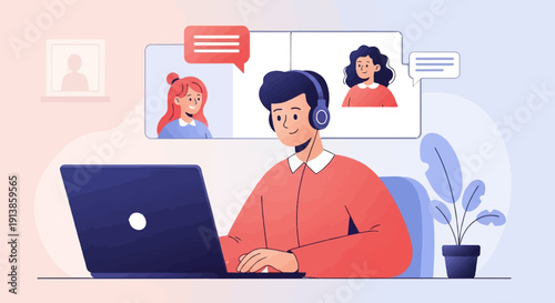 Person in headphones on video call with colleagues on laptop