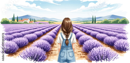 Person in denim overalls stands facing rows of blooming lavender fields