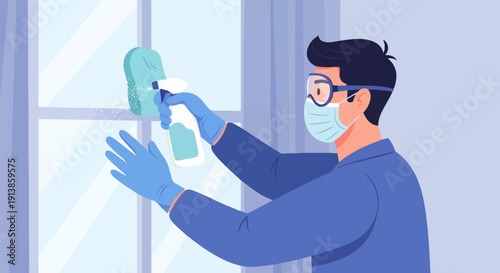 Person in mask and goggles sprays a surface with cleaning solution