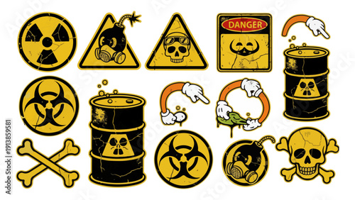 Grunge Toxic Hazard Icons Set – Radioactive Biohazard Skull Gas Mask Warning Symbols Collection Isolated on Transparent Background