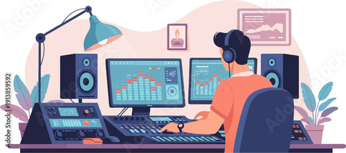 Person in headphones works at a mixing board with monitors displaying audio waves